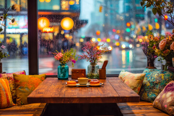 Cozy cafe corner with vibrant flowers and rainy city view through a glass window