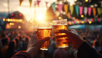 Two friends clink beer glasses at a music festival at sunset.