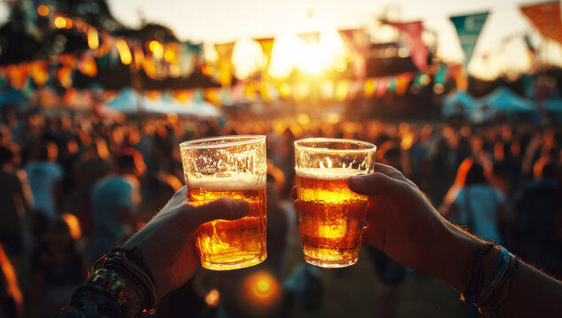 Two friends clink beer glasses at a music festival at sunset.