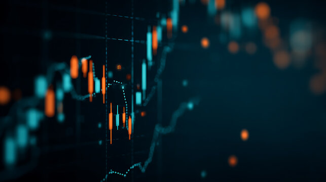 Financial market chart with candlestick patterns and trend lines on a dark background