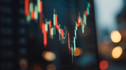 Candlestick chart displayed on a screen with city lights in the background