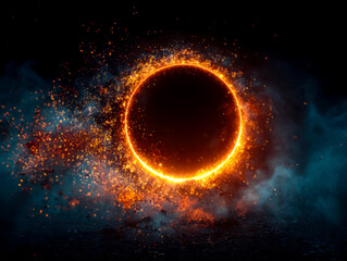 Fiery solar eclipse with glowing corona and cosmic particles