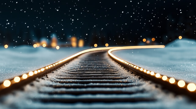 Snow-covered railway tracks illuminated at night during winter  