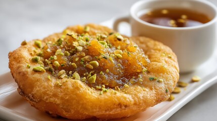 Indian Halwa Puri served with Pistachios and Tea, traditional Indian festive sweet and savory dish.