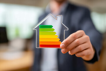 Person holding a house-shaped energy efficiency rating chart