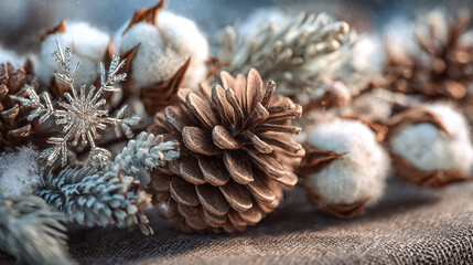 Winter holiday-themed pinecone and frosted plant arrangement with snowflake adornment
