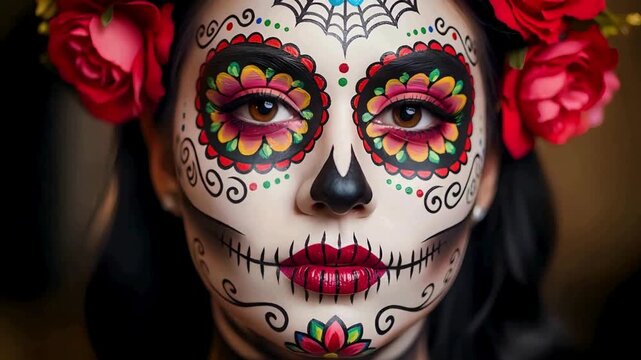 Vibrant Dia de los Muertos sugar skull makeup with red roses, celebrating tradition and artistic expression