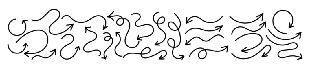 Hand Drawn Curved Arrow Set Doodle Sketch Collection Isolated on White Background