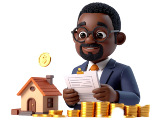 African American businessman analyzing real estate investment contract with miniature house and gold coins for a mortgage loan