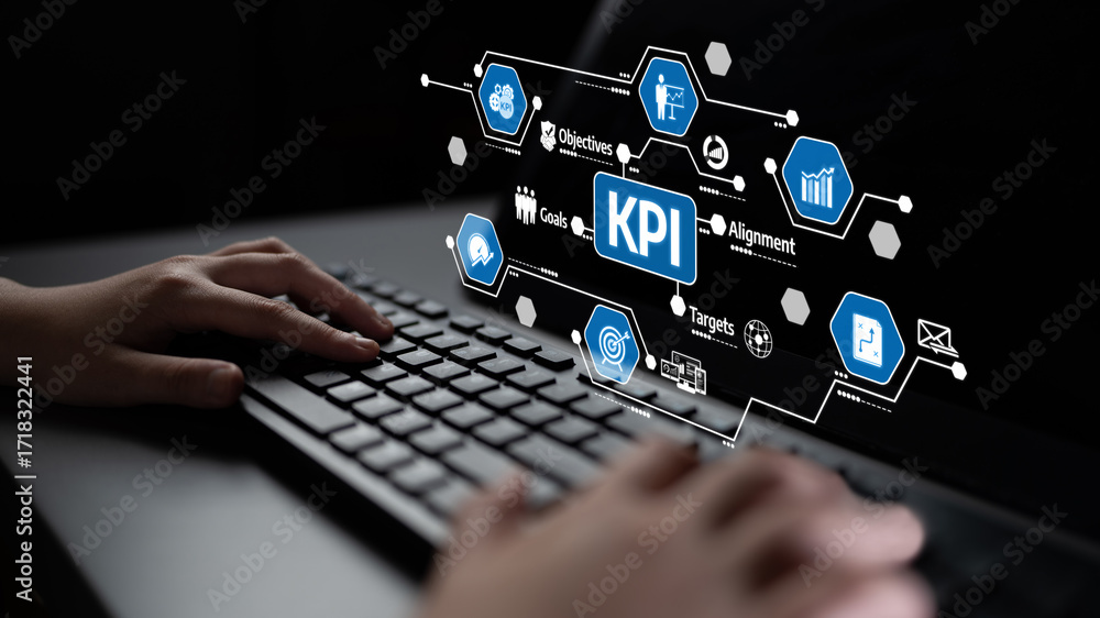 Poster a person typing on a keyboard with a digital visualization of kpi concepts, showcasing business metr