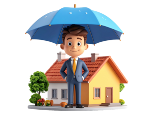 Home insurance concept with 3D businessman character holding umbrella over a miniature house for property protection and security