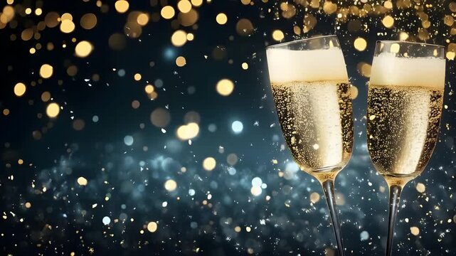 Two elegant glasses of champagne with moving bubbles on festive background with gold falling confetti and bokeh lights. Elegant video background for Christmas and New Year celebration