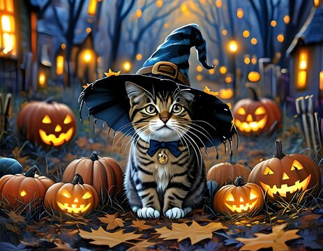 halloween background with pumpkins and cat