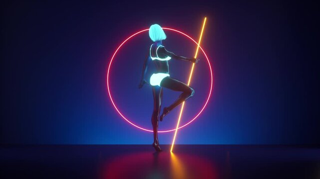 animated 3d background. Glossy woman mannequin posing with glowing geometric shapes, spinning on stage of a night club, illuminated with neon light. Fashion motion design