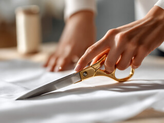 Tailor using golden scissors to precisely cut white fabric on worktable in a sewing workshop environment focused on hands and tools