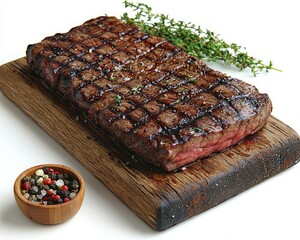 Grilled steak on wooden board