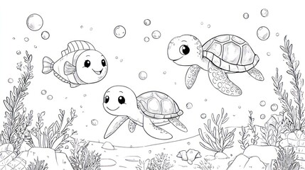 Line art of underwater scene with fish, turtles, sea plants, rocks and bubbles