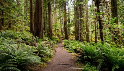 Obraz premium Hiking Trail Through A Rain Forest Environment In The Pacific Northwest Fir And Cedar Trees Dominate Along With Sword Ferns And Salal In The Understory Make For A Most Pleasant Spring Walk
