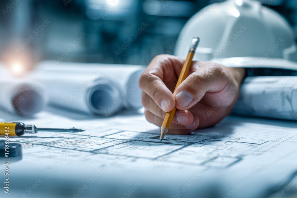 Poster architect or engineer sketching detailed building plans on a blueprint with a pencil while wearing a
