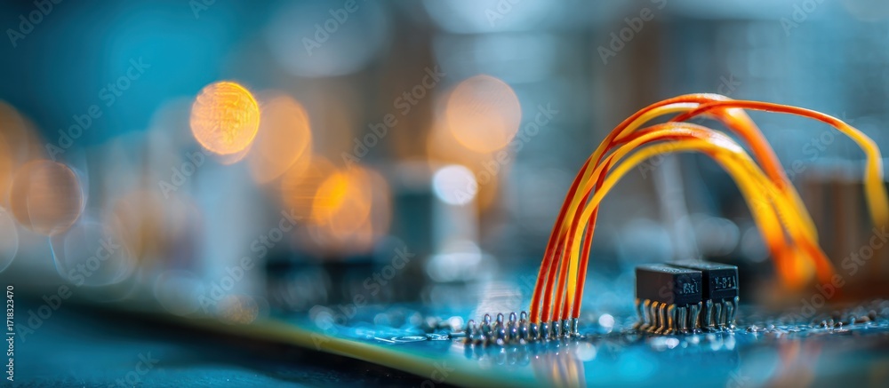 Poster close-up of circuit board with wires and bokeh lights