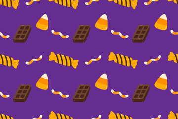 Seamless pattern of Halloween candies including chocolate and candy corn