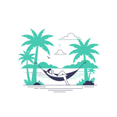 Person relaxing in a hammock on a tropical beach with palm trees.