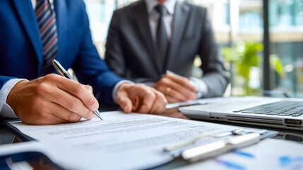 Business professionals reviewing documents in a modern office setting