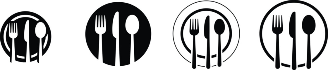 Restaurant icon set, dining utensils vector, fork knife spoon illustration, black white plate symbols, food service graphics, kitchenware silhouette design