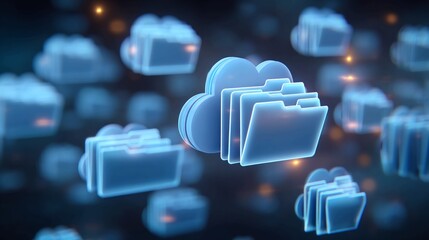 Futuristic visualization of cloud computing technology with glowing digital folder icons representing data storage and networking.