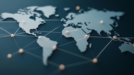 Global network on a world map, showing interconnected dots. Worldwide connection, international business, or global communication concepts shown.