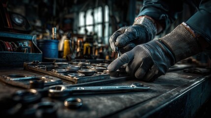Close-up of mechanic hands in gloves working with metal parts on a workshop table.