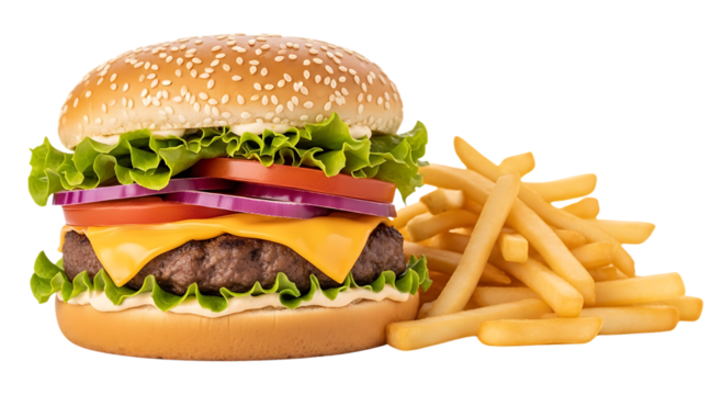 Delicious cheeseburger and crispy french fries isolated on black background