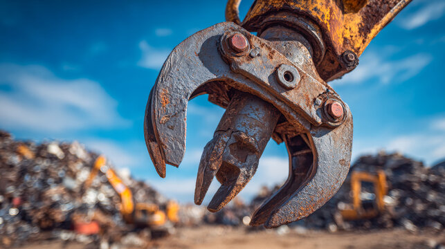 Close-up of a rusted industrial excavator claw in a landfill site with piles of waste in the background