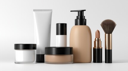 Collection of makeup products including foundation, lipstick, and brush on white background.