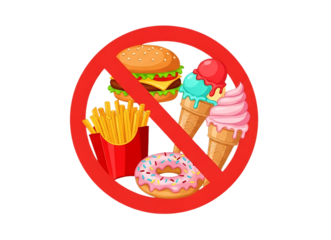 Unhealthy food forbidden sign with burger fries ice cream and donut