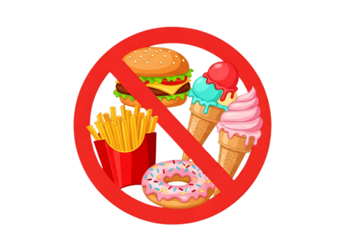 Unhealthy food forbidden sign with burger fries ice cream and donut