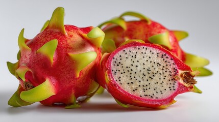 Fresh dragon fruit cut in half with vibrant red peel and white pulp.