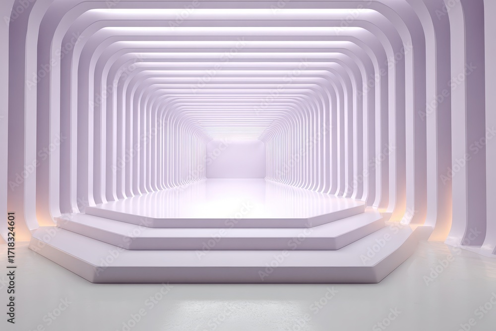 Poster modern futuristic abstract tunnel with a stepped platform and soft lighting for product display.