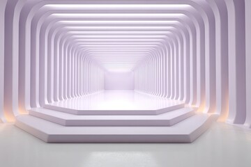 Modern futuristic abstract tunnel with a stepped platform and soft lighting for product display.