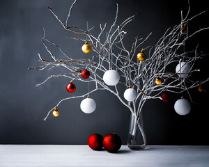 Ai made minimalistic christmas decoration with birch branches with christmas ornaments and grey background