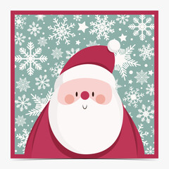 Cute Christmas greeting card, postcard, invitation with chubby Santa Claus on snowy, snowflakes blue background, vector illustration
