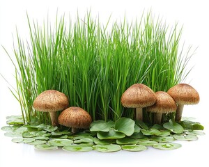 Mushrooms in grass amidst lily pads