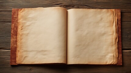Open vintage book with blank aged pages on wooden background.