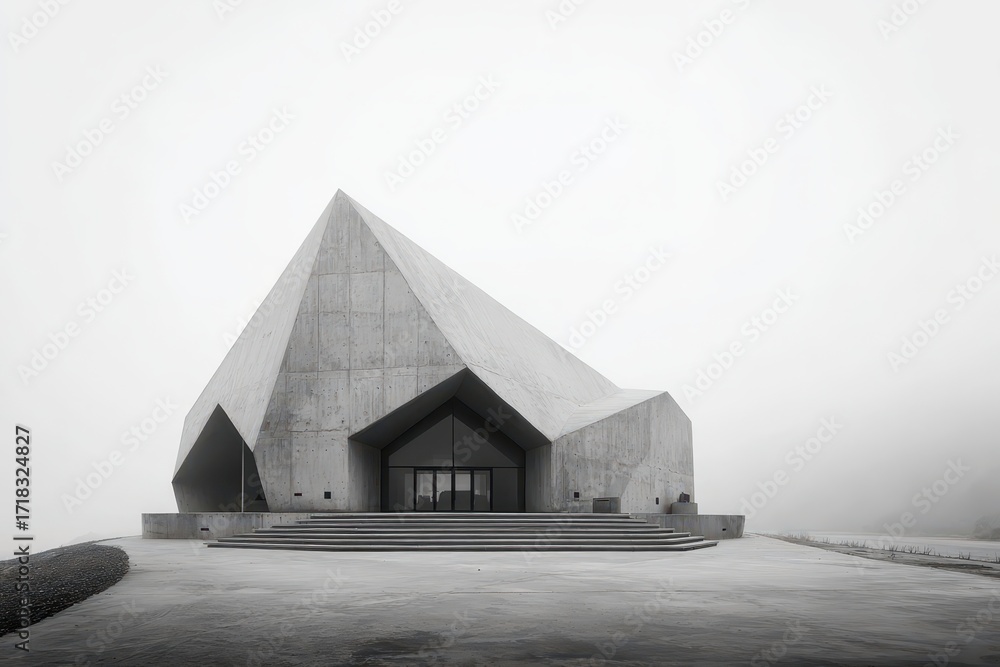 Poster Geometric concrete architecture with sharp angles under a minimalist foggy sky.
