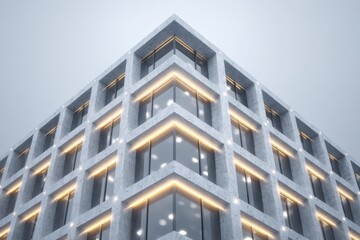 Fototapeta premium Modern architectural facade with illuminated concrete grid and glowing accents.