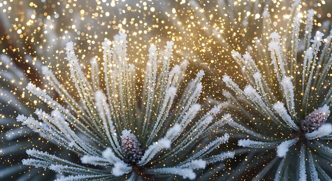 Frostcovered pine branches sparkle with golden light, creating a magical winter scene, perfect for capturing the beauty and serenity of nature