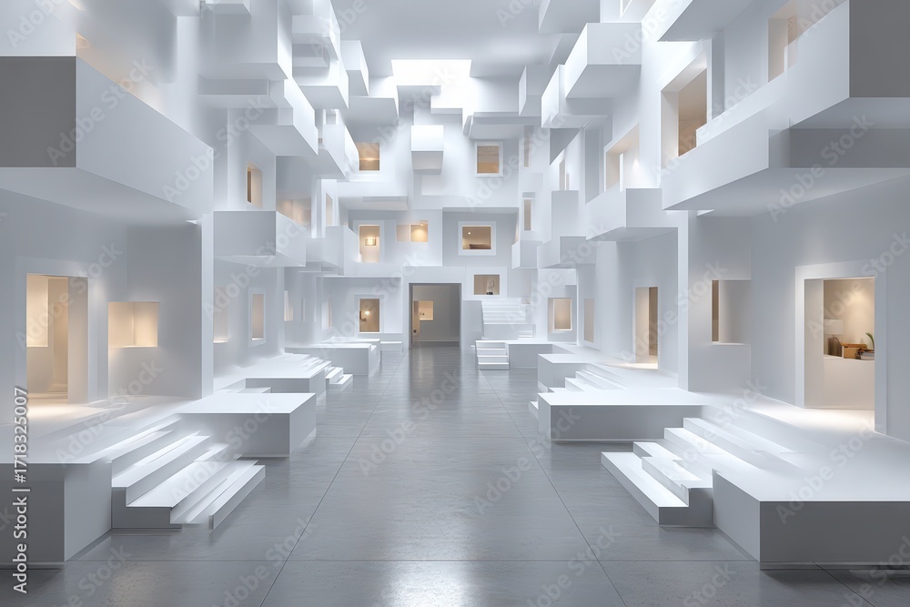 Poster abstract white architectural labyrinth with complex geometric forms and subtle lighting.