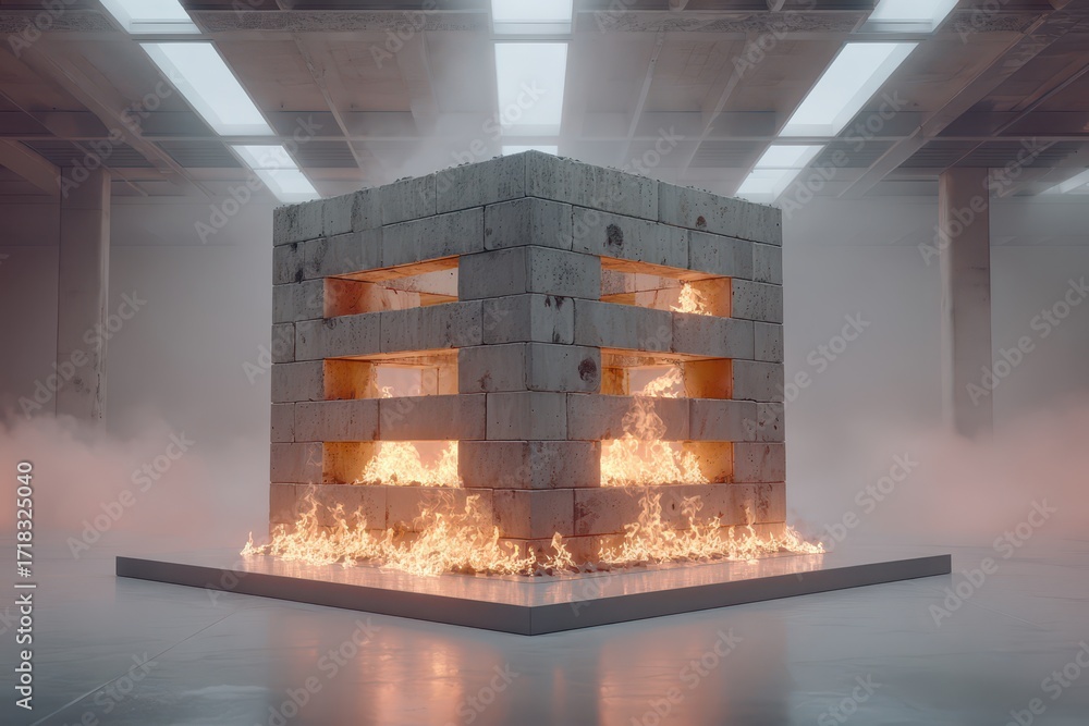 Aufkleber abstract concrete block cube on fire in an industrial building with smoke and light.