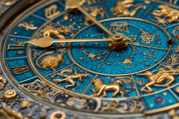 Obraz premium Ornate zodiac clock with intricate gold and blue detailing and celestial motifs