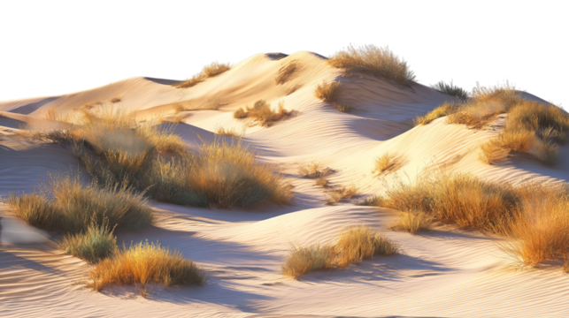 PNG of Tranquil desert landscape with gently rolling sand dunes and sparse grass, illuminated by warm sunlight.
